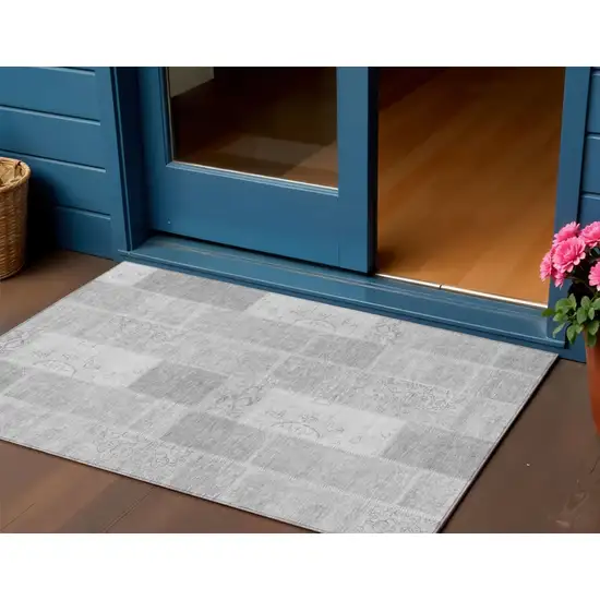 Silver Gray And Graphite Patchwork Washable Indoor Outdoor Area Rug Photo 1
