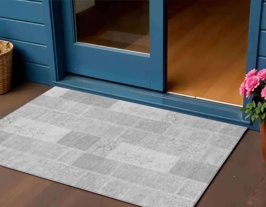 Silver Gray And Graphite Patchwork Washable Indoor Outdoor Area Rug Photo 1