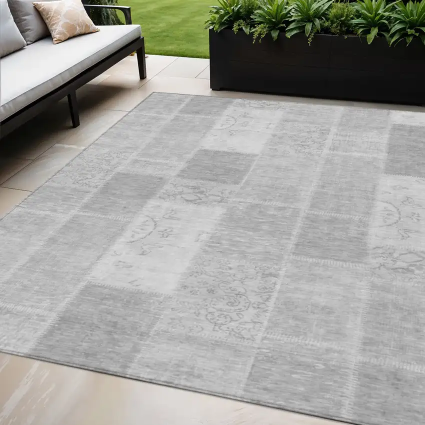 Silver Gray And Graphite Patchwork Washable Indoor Outdoor Area Rug Photo 1
