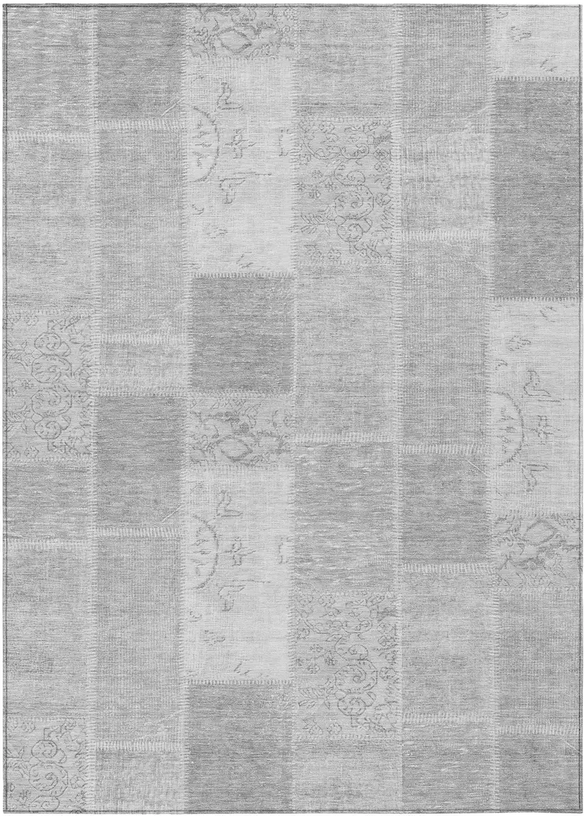 Silver Gray And Graphite Patchwork Washable Indoor Outdoor Area Rug Photo 1