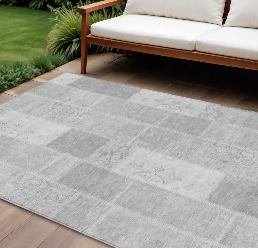 Silver Gray And Graphite Patchwork Washable Indoor Outdoor Area Rug Photo 1