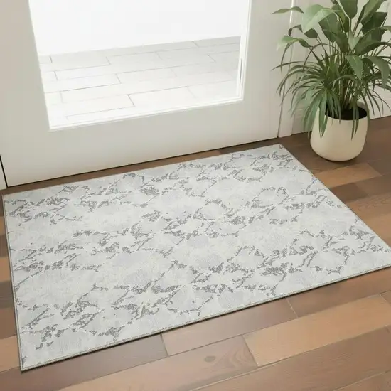 Silver Gray And Ivory Abstract Washable Area Rug With UV Protection Photo 2