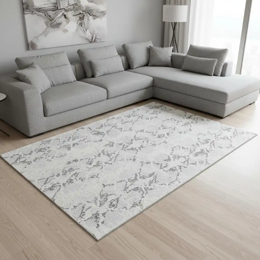 Silver Gray And Ivory Abstract Washable Area Rug With UV Protection Photo 2