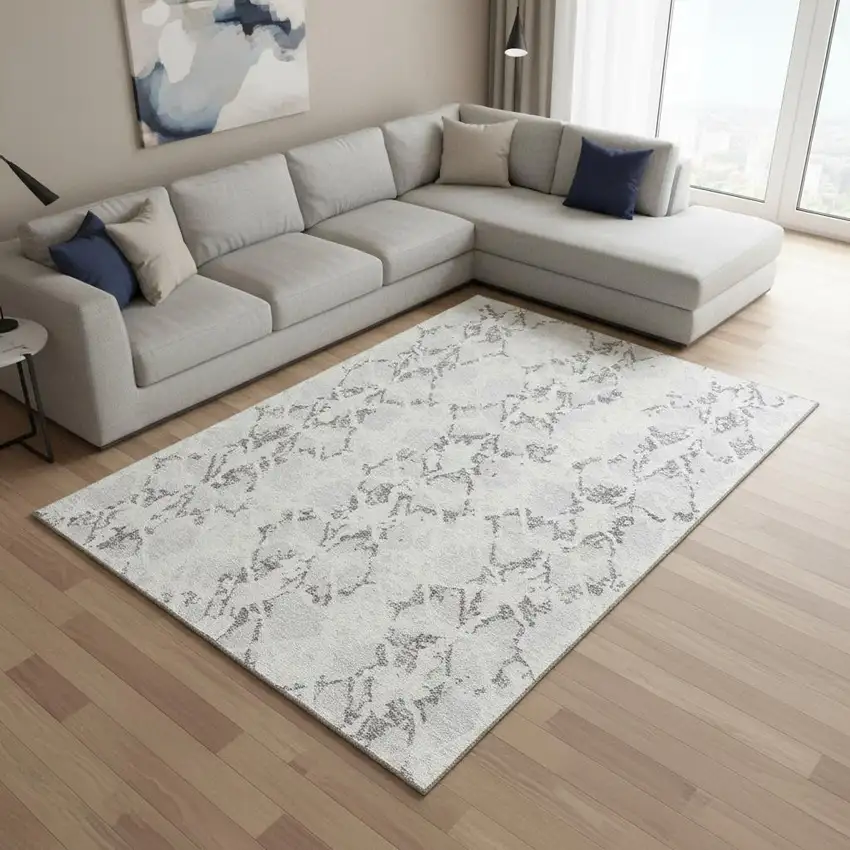 Silver Gray And Ivory Abstract Washable Area Rug With UV Protection Photo 2