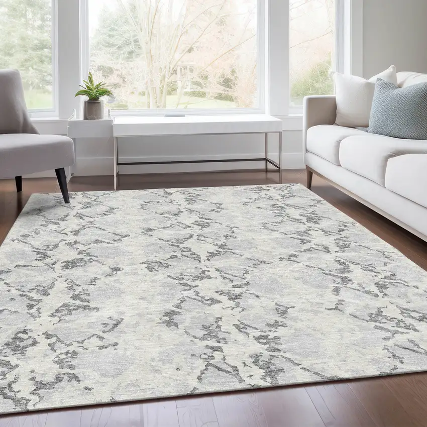 Silver Gray And Ivory Abstract Washable Area Rug With UV Protection Photo 5