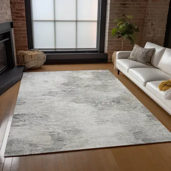 Silver Gray And Ivory Abstract Washable Indoor Outdoor Area Rug Photo 8