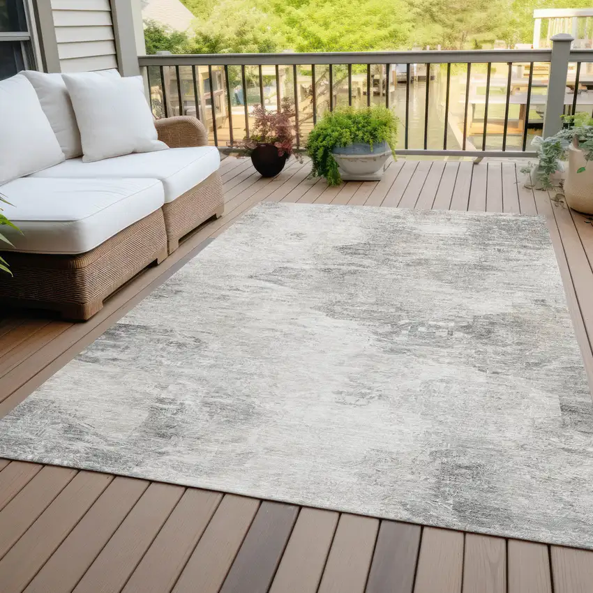 Silver Gray And Ivory Abstract Washable Indoor Outdoor Area Rug Photo 9