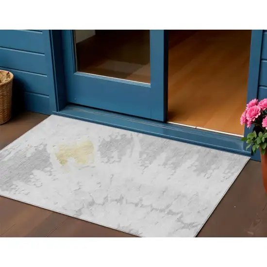 Silver Gray And Ivory Abstract Washable Indoor Outdoor Area Rug Photo 1