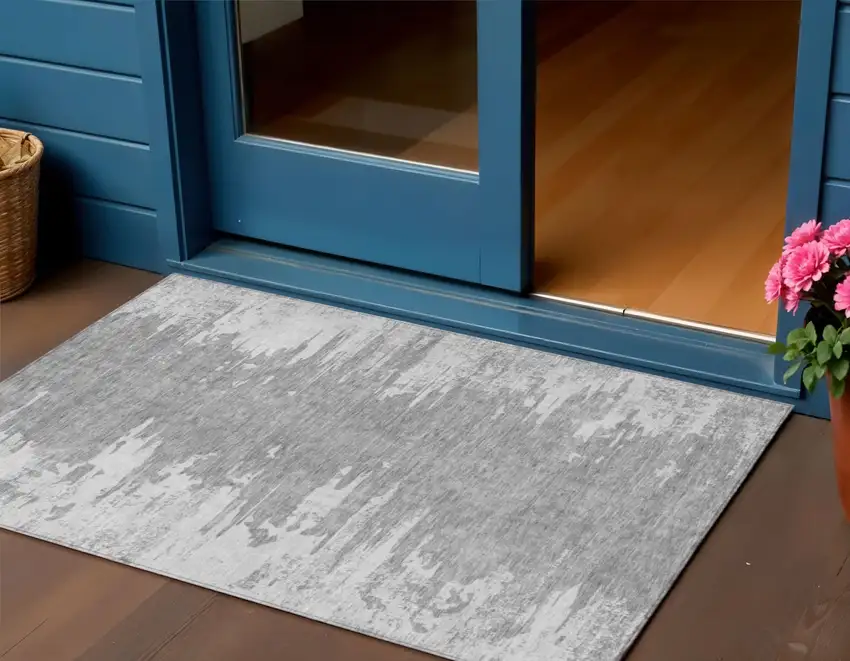 Silver Gray And Ivory Abstract Washable Indoor Outdoor Area Rug Photo 1