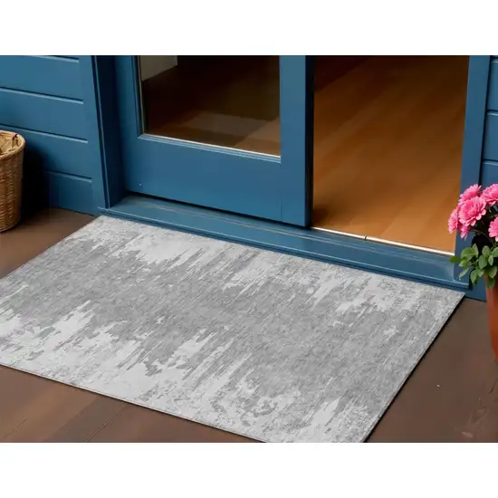 Silver Gray And Ivory Abstract Washable Indoor Outdoor Area Rug Photo 1