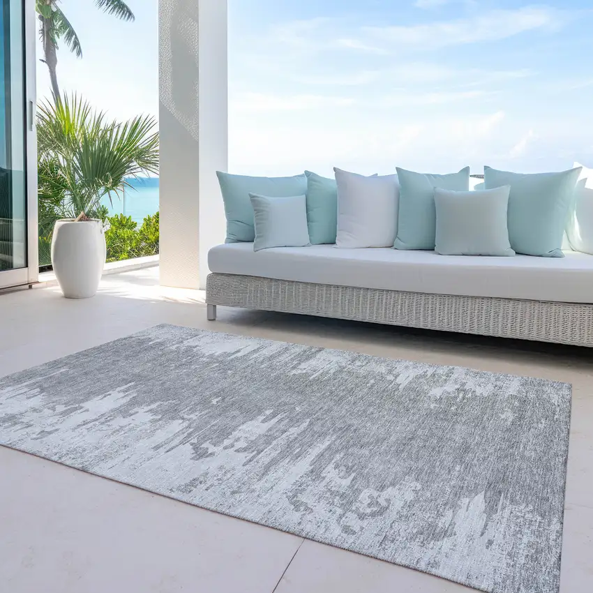 Silver Gray And Ivory Abstract Washable Indoor Outdoor Area Rug Photo 8