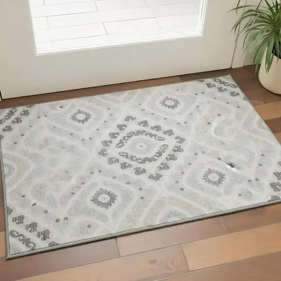 Silver Gray And Ivory Diamond Washable Area Rug With UV Protection Photo 2