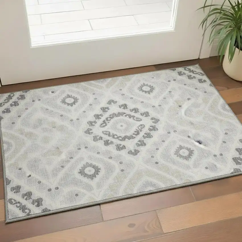 Silver Gray And Ivory Diamond Washable Area Rug With UV Protection Photo 2