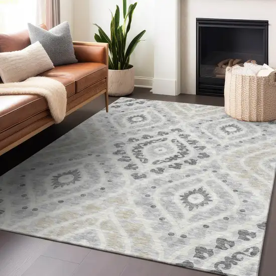 Silver Gray And Ivory Diamond Washable Area Rug With UV Protection Photo 5