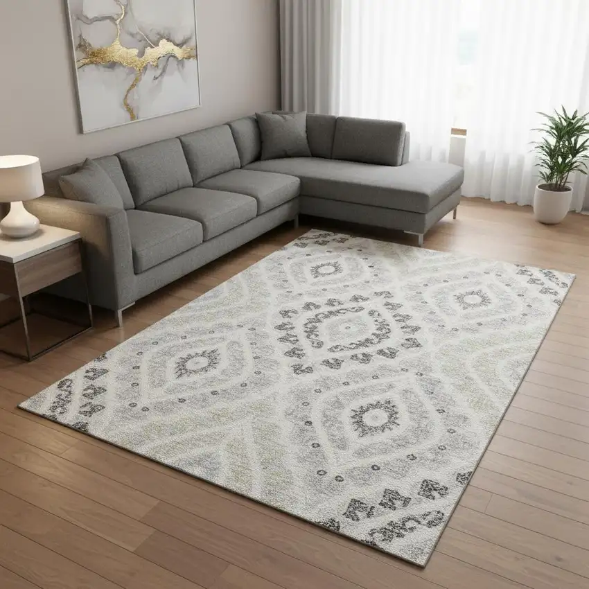 Silver Gray And Ivory Diamond Washable Area Rug With UV Protection Photo 2