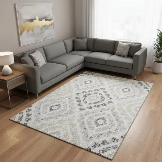 Silver Gray And Ivory Diamond Washable Area Rug With UV Protection Photo 2