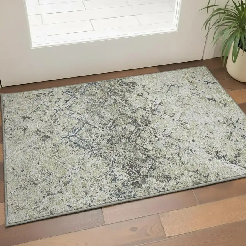 Silver Gray And Ivory Diamond Washable Area Rug With UV Protection Photo 2