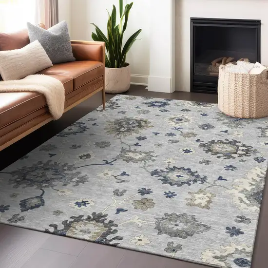 Silver Gray And Ivory Floral Medallion Washable Area Rug With UV Protection Photo 6
