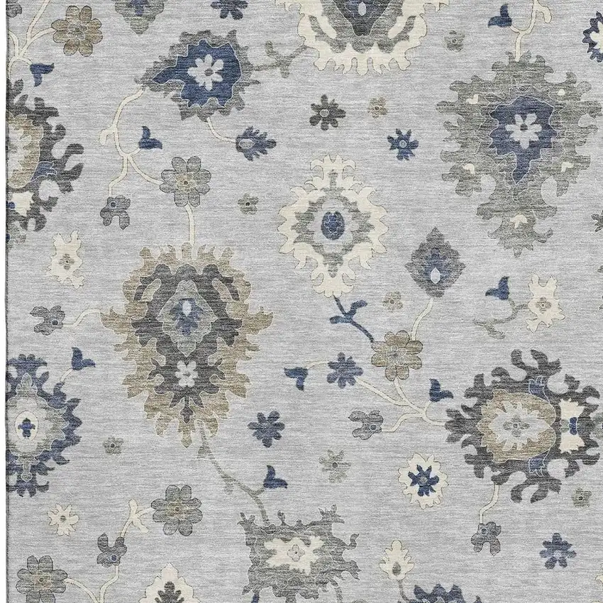Silver Gray And Ivory Floral Medallion Washable Area Rug With UV Protection Photo 4