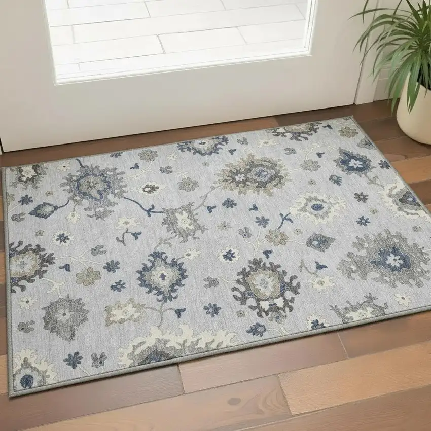 Silver Gray And Ivory Floral Medallion Washable Area Rug With UV Protection Photo 2