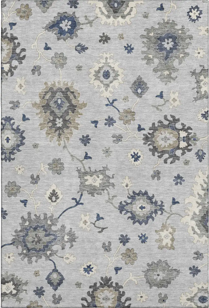 Silver Gray And Ivory Floral Medallion Washable Area Rug With UV Protection Photo 1