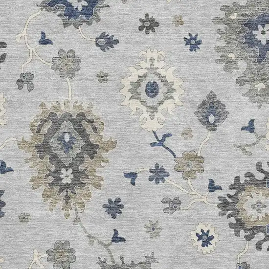 Silver Gray And Ivory Floral Medallion Washable Area Rug With UV Protection Photo 3