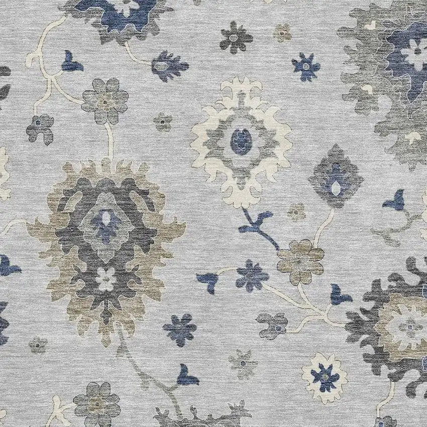 Silver Gray And Ivory Floral Medallion Washable Area Rug With UV Protection Photo 3