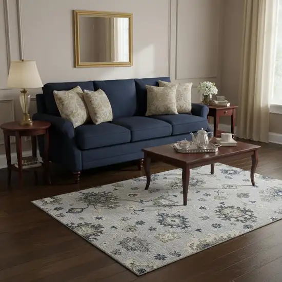 Silver Gray And Ivory Floral Medallion Washable Area Rug With UV Protection Photo 2