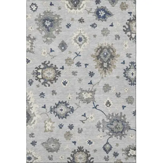 Silver Gray And Ivory Floral Medallion Washable Area Rug With UV Protection Photo 4