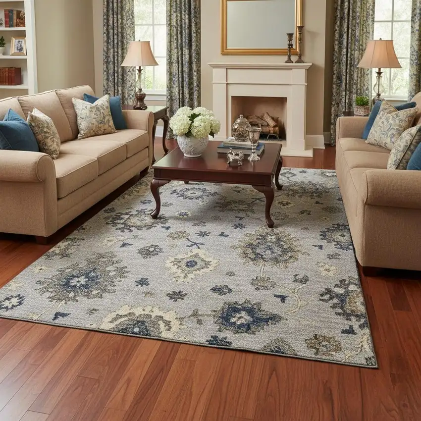 Silver Gray And Ivory Floral Medallion Washable Area Rug With UV Protection Photo 2