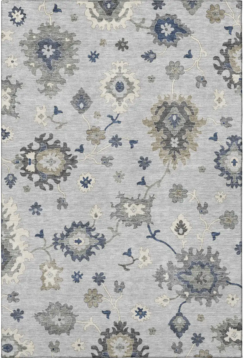 Silver Gray And Ivory Floral Medallion Washable Area Rug With UV Protection Photo 3