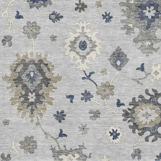 Silver Gray And Ivory Floral Medallion Washable Area Rug With UV Protection Photo 3