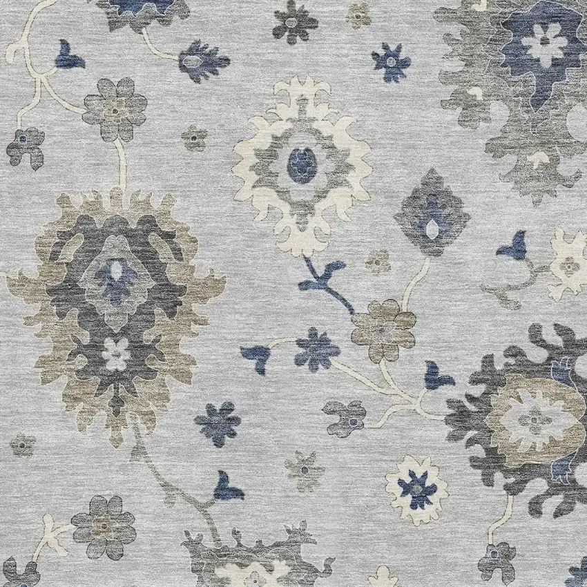 Silver Gray And Ivory Floral Medallion Washable Area Rug With UV Protection Photo 3