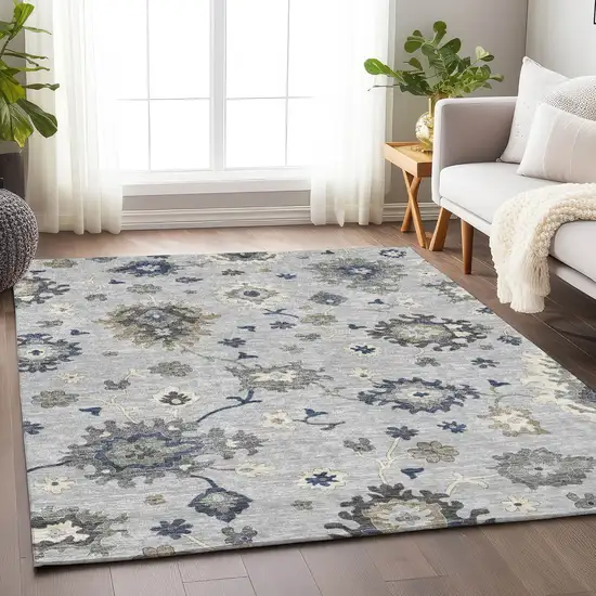 Silver Gray And Ivory Floral Medallion Washable Area Rug With UV Protection Photo 5