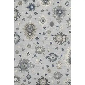 Photo of Silver Gray And Ivory Floral Medallion Washable Area Rug With UV Protection