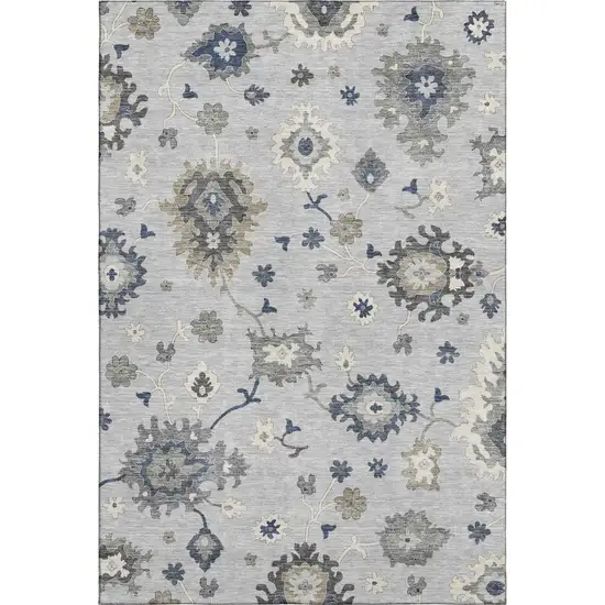 Silver Gray And Ivory Floral Medallion Washable Area Rug With UV Protection Photo 1
