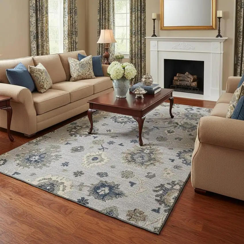 Silver Gray And Ivory Floral Medallion Washable Area Rug With UV Protection Photo 2