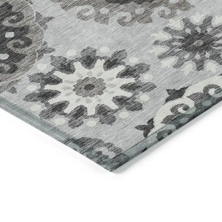 Silver Gray And Ivory Floral Medallion Washable Indoor Outdoor Area Rug Photo 4