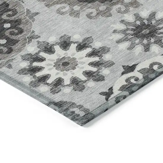 Silver Gray And Ivory Floral Medallion Washable Indoor Outdoor Area Rug Photo 4