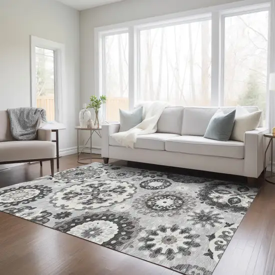 Silver Gray And Ivory Floral Medallion Washable Indoor Outdoor Area Rug Photo 9
