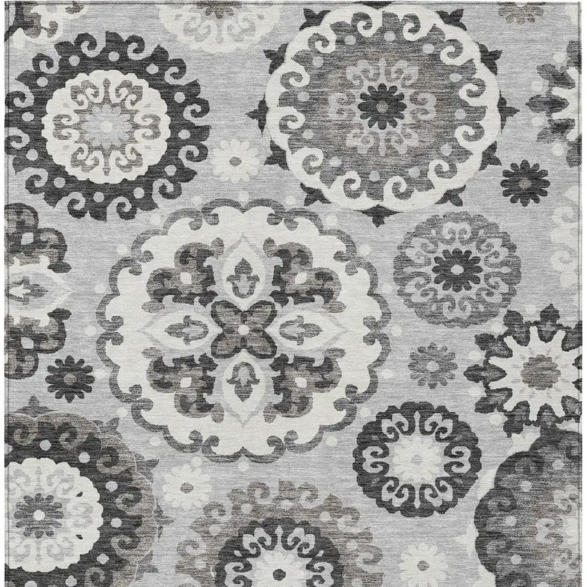 Silver Gray And Ivory Floral Medallion Washable Indoor Outdoor Area Rug Photo 6