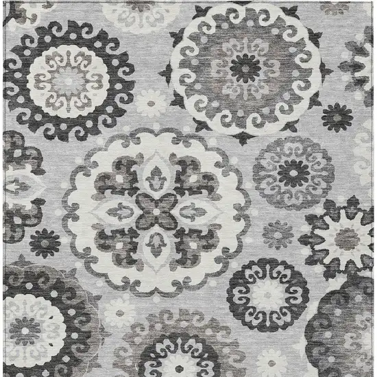 Silver Gray And Ivory Floral Medallion Washable Indoor Outdoor Area Rug Photo 6