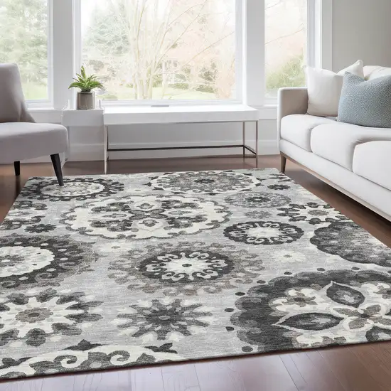 Silver Gray And Ivory Floral Medallion Washable Indoor Outdoor Area Rug Photo 8
