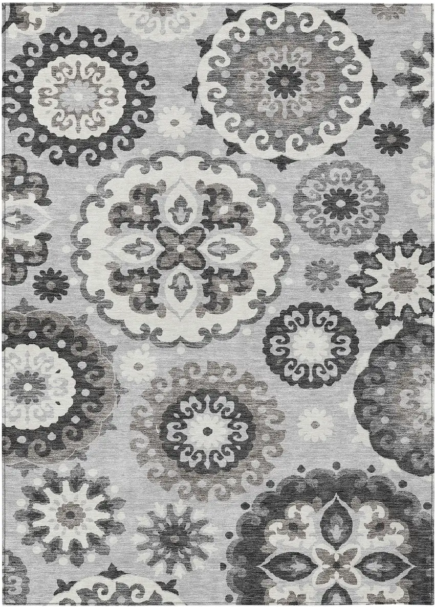 Silver Gray And Ivory Floral Medallion Washable Indoor Outdoor Area Rug Photo 2
