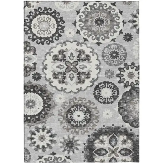 Silver Gray And Ivory Floral Medallion Washable Indoor Outdoor Area Rug Photo 2