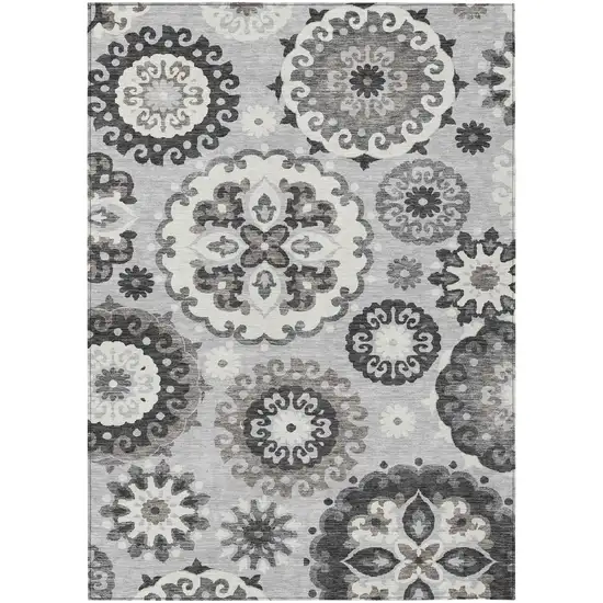 Silver Gray And Ivory Floral Medallion Washable Indoor Outdoor Area Rug Photo 2