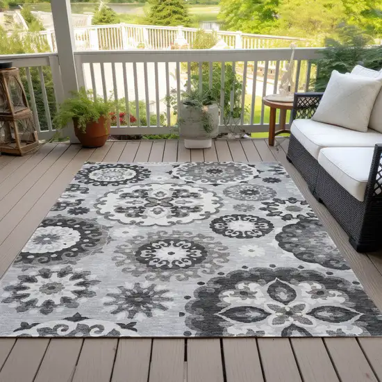 Silver Gray And Ivory Floral Medallion Washable Indoor Outdoor Area Rug Photo 7
