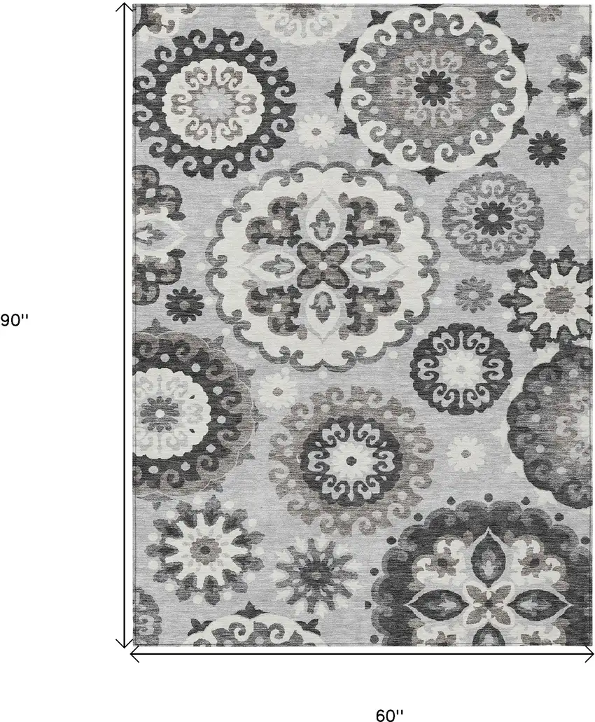 Silver Gray And Ivory Floral Medallion Washable Indoor Outdoor Area Rug Photo 3