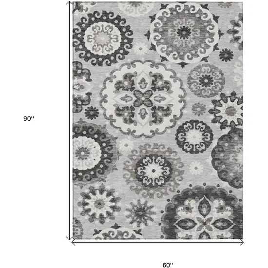 Silver Gray And Ivory Floral Medallion Washable Indoor Outdoor Area Rug Photo 3