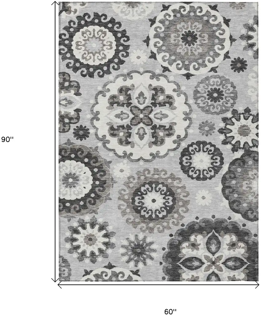 Silver Gray And Ivory Floral Medallion Washable Indoor Outdoor Area Rug Photo 3